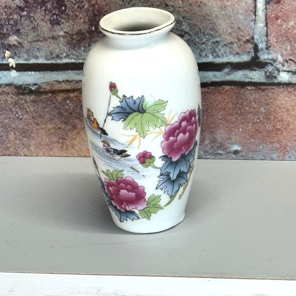 Antique Victorian Era Porcelain Transferware Bud Vase China Ducks Flowers